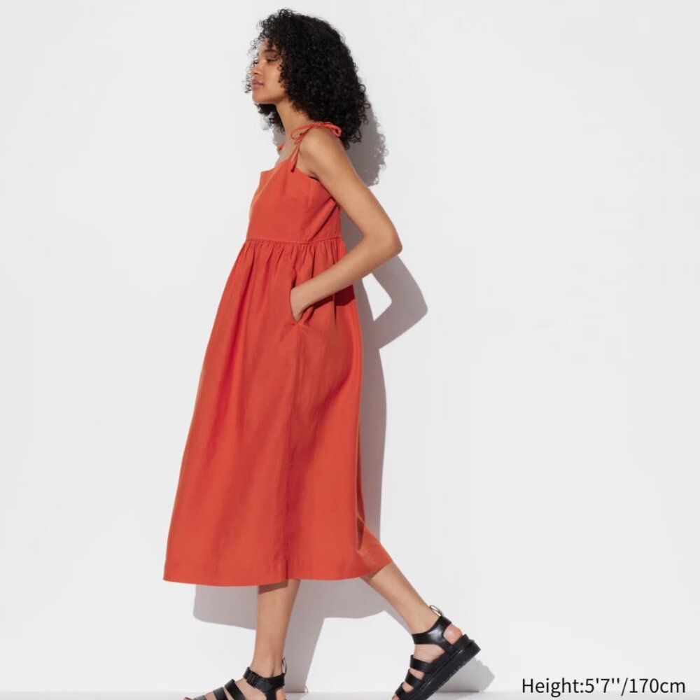 UNIQLO Linen Blend Smocked Midi Camisole Dress Size S Adjustable Straps Pockets